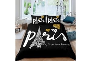 Feelyou Eiffel Tower Duvet Cover Chic Paris Theme Comforter Cover French Cityscape Bedding Set for Children Adults Gold Heart Pattern Quilt Cover Black Ultra Soft Queen Size Bedclothes 3Pcs