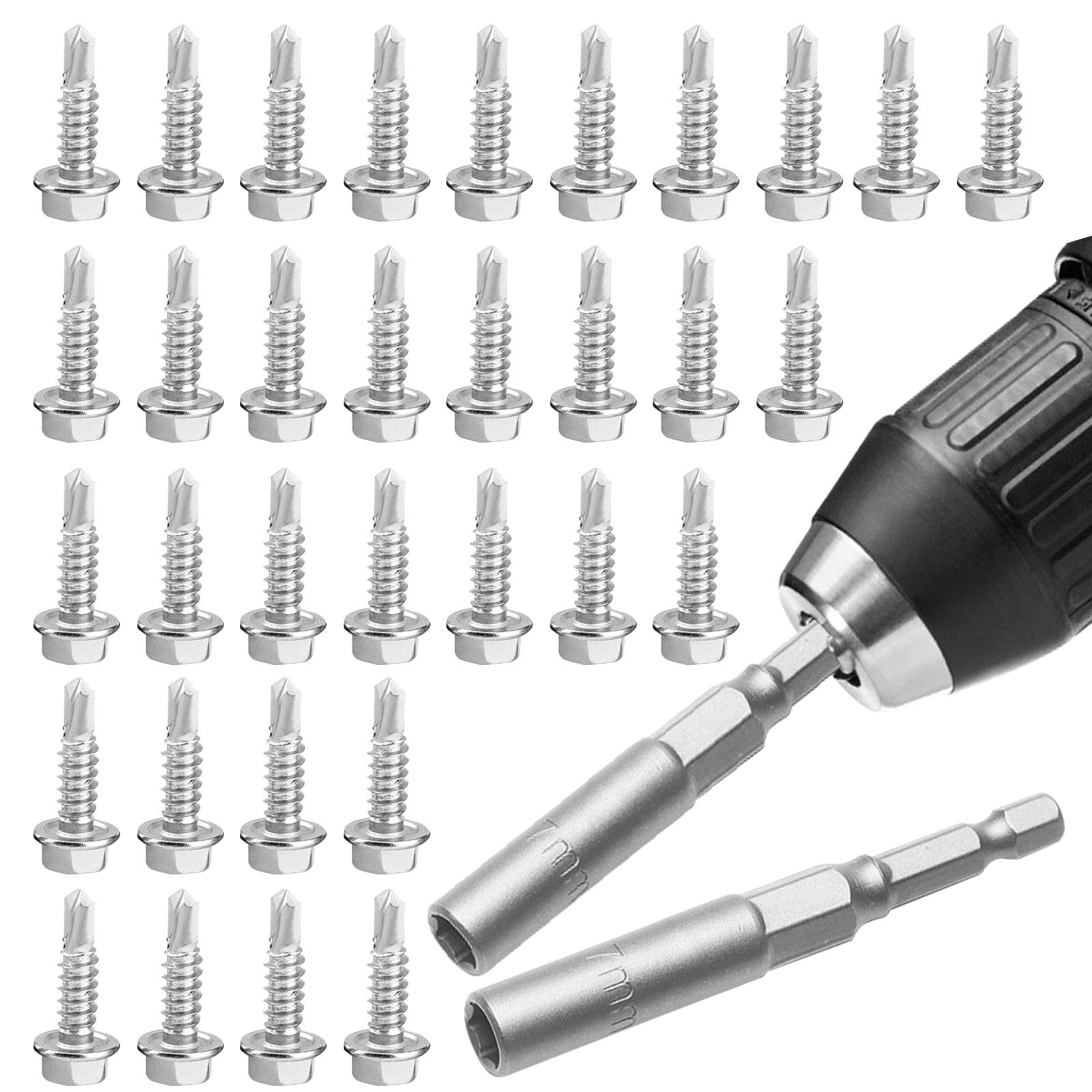 Divono Self Drilling Screws for Metal,150pcs Self Tapping Screws Metal,Stainless Steel Hex Head Self Tapping Screws M4.2x16mm,with 80mm-Long Socket,Fit for Hardware,Roofing Sheets,Building,Wood