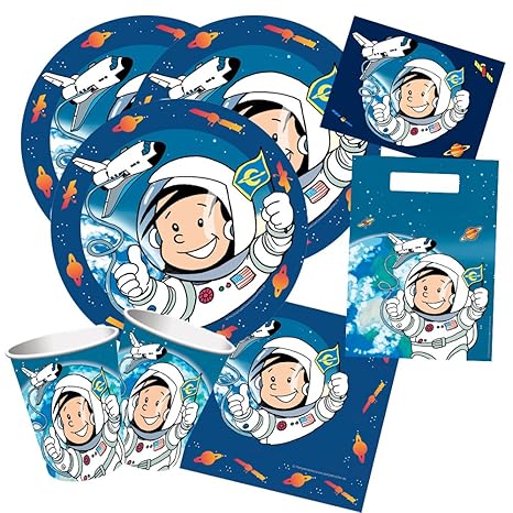 52-teiliges Party-Set Astronaut Flo - Teller Becher Servietten Einladungen Partytüten für 8 Kinder