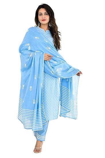 Women's Cotton Kurta with Pants and Dupatta Set - Sky Blue