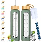 SipZest 32 oz Glass Water Bottle with Straw - Motivational Time Marker & Silicone Sleeve - Reusable Tumbler Includes 2 Bamboo Lids & Fruit Infuser - 1 Pack