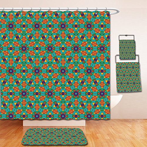 Click Here to See More Images Nalahome Bath Suit: Showercurtain Bathrug Bathtowel Handtowel Orange Decor India Ethnic Design Lovers Floral Print Fern Green Marigold and Navy Blue