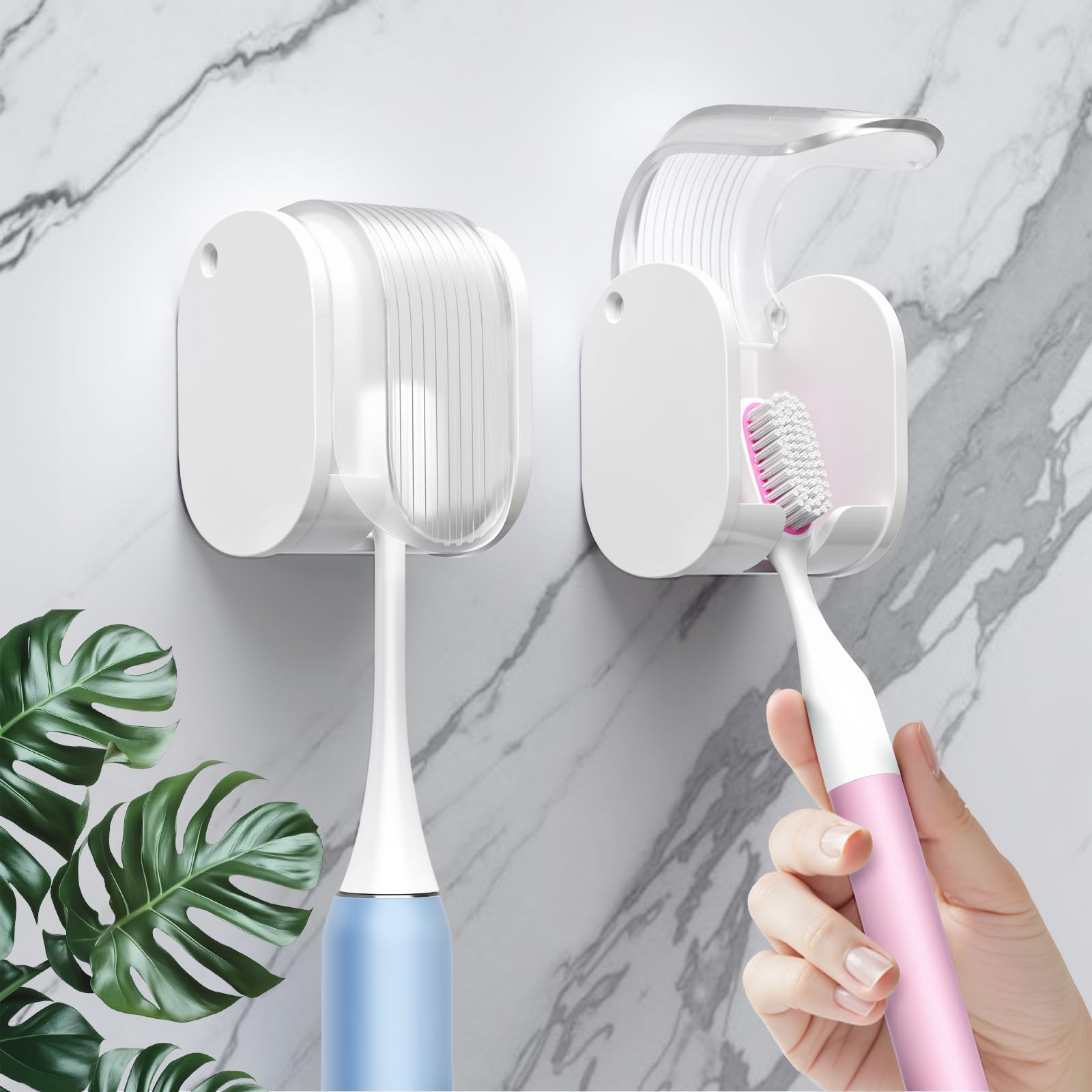 Photo 1 of 2 Pcs Toothbrush Holders Wall Mounted, Single Slot Design, Shower Self Adhesive Wall Mounted Toothbrush Holder with Cover, Waterproof and Dustproof, Suitable for Bathroom, Family, Travel (Transparent)