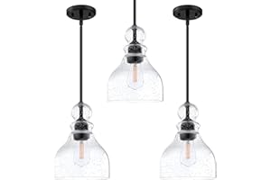 Dolaimi House 3 Pack 1 Light Pendant Ceiling Light Adjustable Rod Kitchen Island 6.5" Seeded Glass Black Finish Modern Industrial Farmhouse Lighting for Bedroom Sink