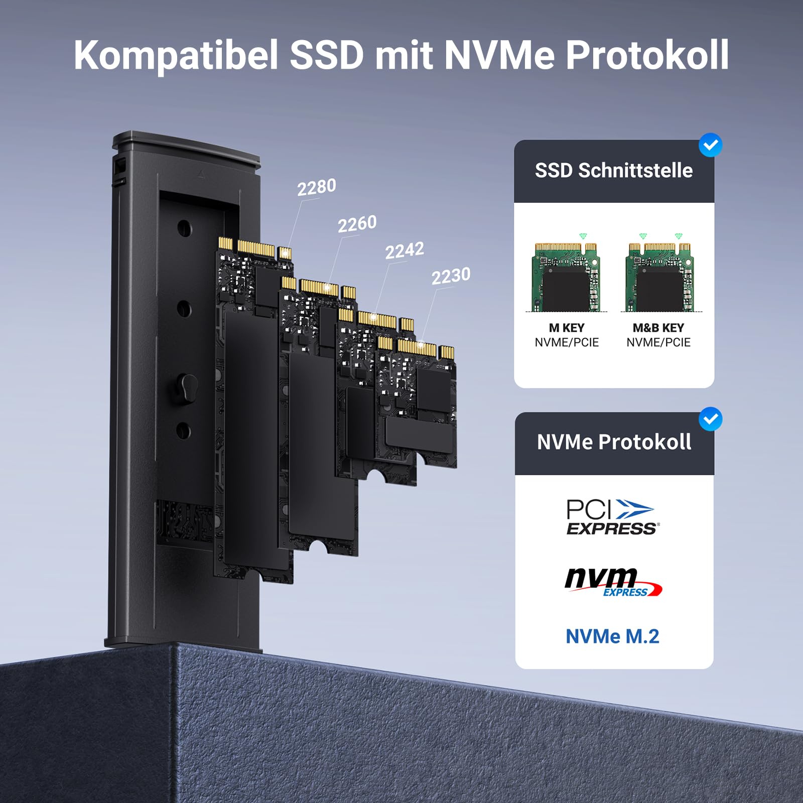 UGREEN NVMe M.2 USB 3.2 SSD Gehäuse-Adapter mit Kühlkissen 10 Gbps, M.2 NVMe Festplatten Docking Station für NVMe PCIe M-Key/M+B Key in 2230/2242/2260/2280 mit USB CC und AC Kabel Werkzeuglos(Silver) 3