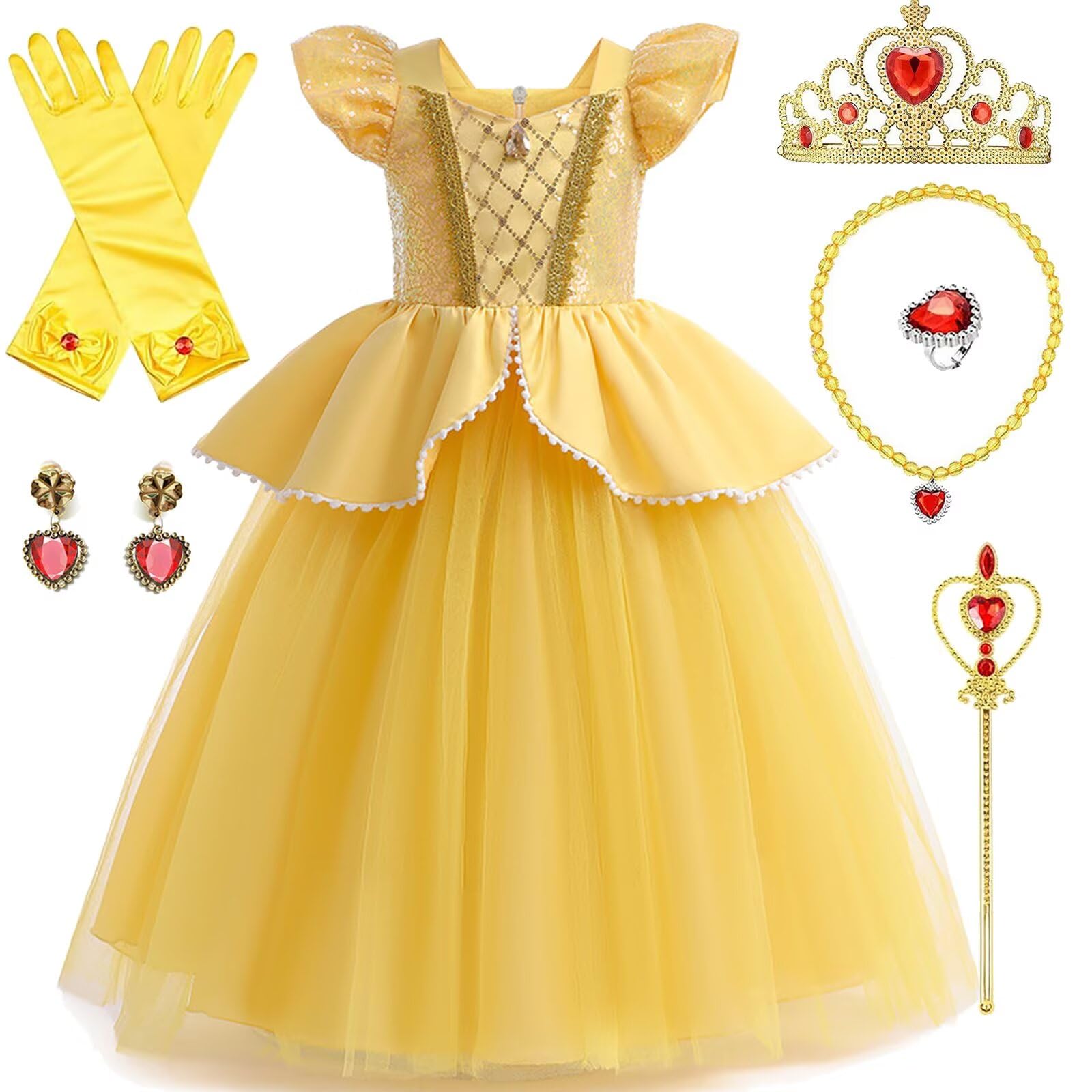Princess Costumes Dress up Little Girl Yellow Princess Fancy Party Dresses with Crown Wand Gloves Necklace Ring Earrings for Birthday Party Halloween Christmas World Book Day Cosplay Outfit,140cm