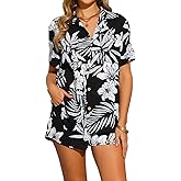 Allegra K Hawaiian Outfits 2 Piece Sets for Women's Tropical Floral Button Down Shirt and Shorts Casual Beachwear Sets