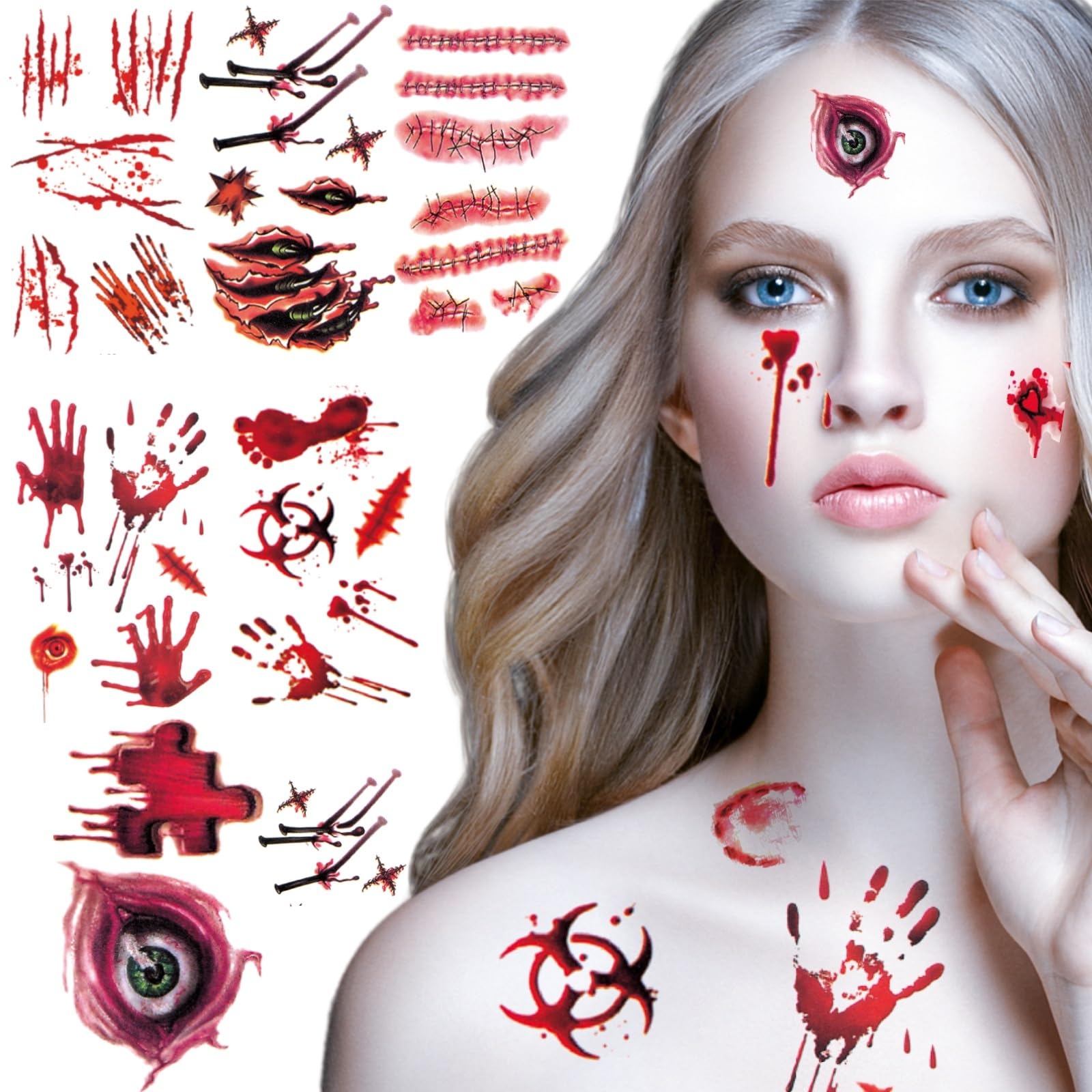 Vampire Costumes Accessories Zombie Make Up Temporary Tattoos Halloween Face Stickers Fake Scars and Wounds Makeup, Halloween Costumes for Women Scar Tattoos Party Cosplay