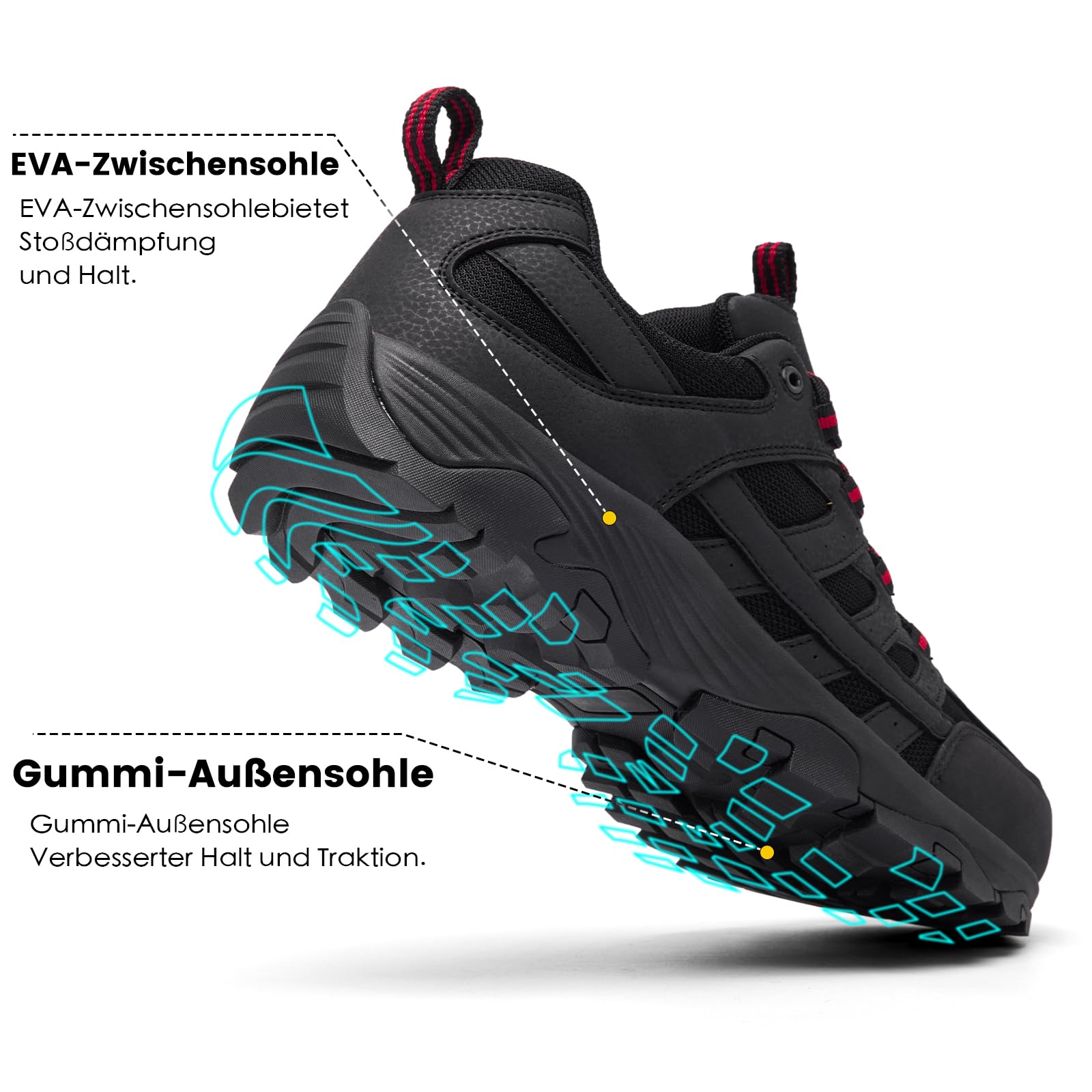 Herren Wanderschuhe Wasserdicht Leicht Trekkingschuhe Schwarz/Rot 43 4