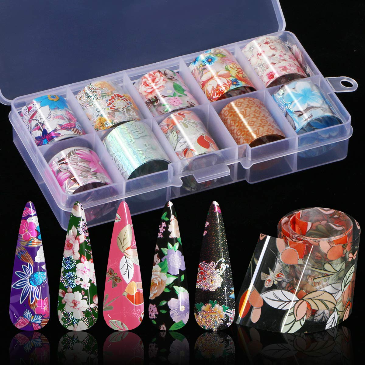 30 Color Nail Foil Transfer Sticker, Kissbuty Flower Nail Art Stickers Tips Wraps Foil Transfer Adhesive Glitters Acrylic DIY Nail Decoration, 3 Boxes (Flowers Starry Sky): Beauty
