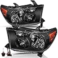 TUSDAR Headlight Assembly Replacement for 2007 2008 2009 2010 2011 2012 2013 Tundra / 2008-2017 Sequoia Driver and Passenger Side Black with Amber Reflector with Bulbs,
