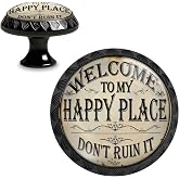Yiruhe 4 Pack Welcome to My Happy Place Funny Kitchen Cabinet Knobs Crystal Glass Round Drawer Pulls for Dresser Cupboard Door Handles