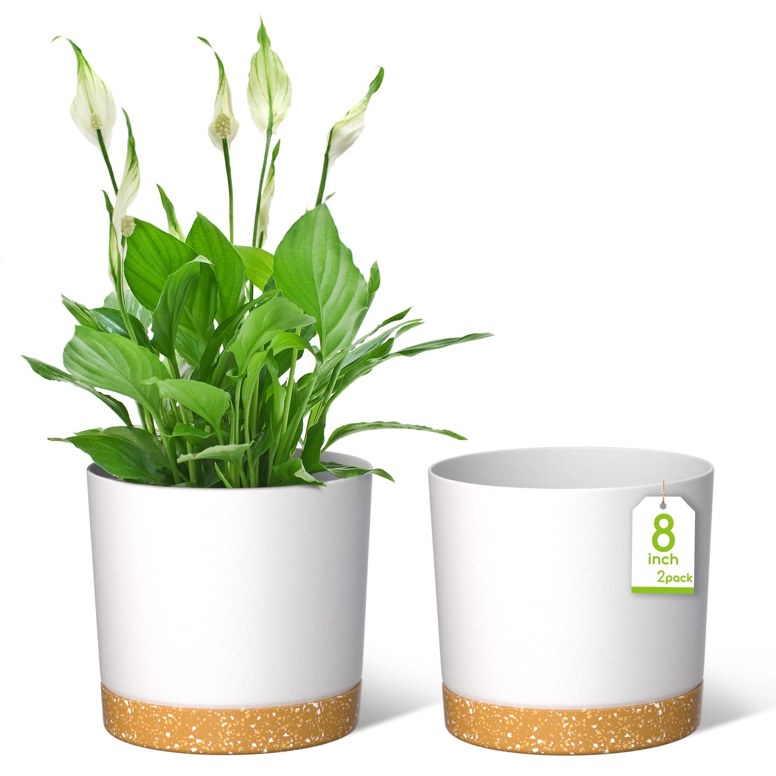 ZMTECH 20cm Plant Pots, Modern Planters with Drainage Holes and Detachable Saucer, Plastic Flower Pots for Plants for House Garden Windowsill (Set of 2, White) — image 1