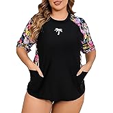 Halcurt Women's Plus Size Rash Guard Short Sleeve Swim Shirt with Built in Bra UPF50+ Sun Protection Swimsuit Top