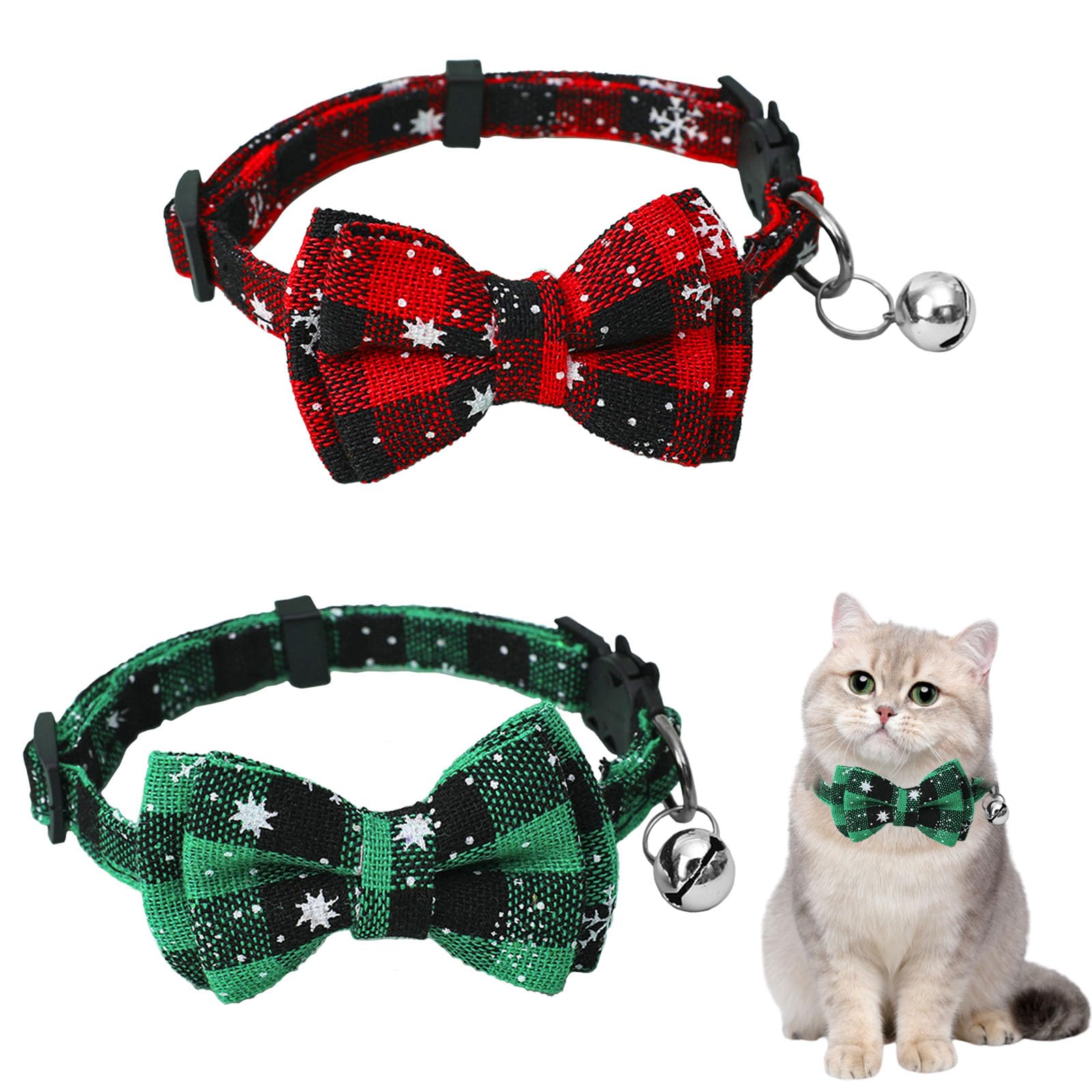 GWAWG Christmas Cat Bow Tie,2 PCS Cat Collar With Bell,Adjustable Collars for Cats Kitten Puppy Pet(Red and Green)