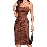 Milumia Women's Floral Mesh Spaghetti Strap Midi Dress Sexy Draped Neck Ruched Bodycon Cami Dresses