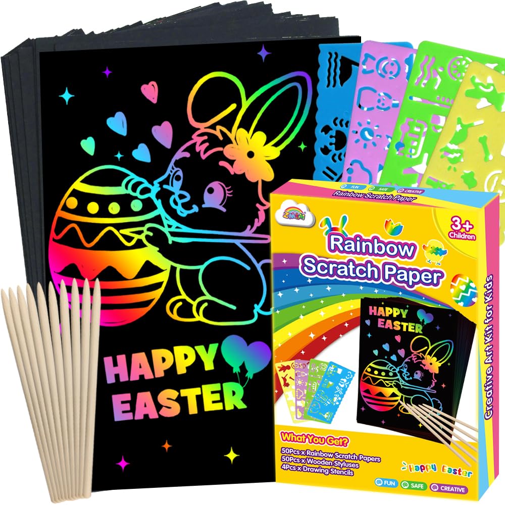 ZMLM Easter Arts Crafts Gifts for Kids: 100PCS Rainbow Scratch Paper Art Gifts for Girls Boys Ages 4-8 8-12, Easter Basket Stuffers for Kids Birthday Toys and Games Activities Gift (Yellow)