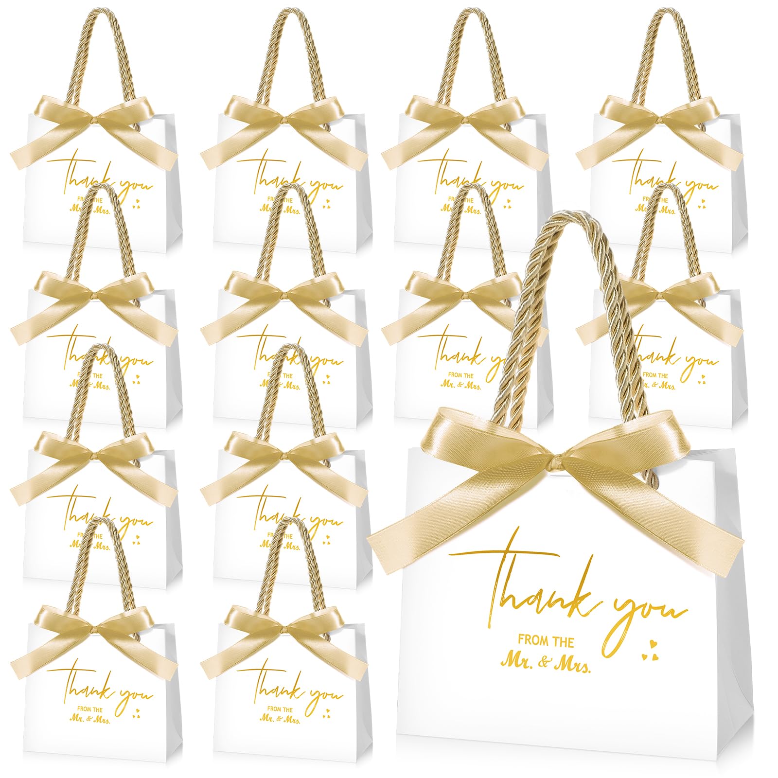 Photo 1 of Tenceur 50 Pack Wedding Gift Bags Bulk Small Thank You Bulk Gold Foil Mr. and Mrs. White Paper Engagement Bag with Handles Bow 5.5 x 2.4 x 4.7 Inch for Hotel Guests Wedding Bridal Shower Party Favor