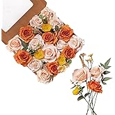 FANKO Rose Artificial Flowers Combo for DIY, Fake Orange Rose Silk Flowers Greenery, Faux Flowers for Wedding Bridal Bouquet, Baby Shower, Table Centerpieces, Floral Arrangement, Party Home Decoration