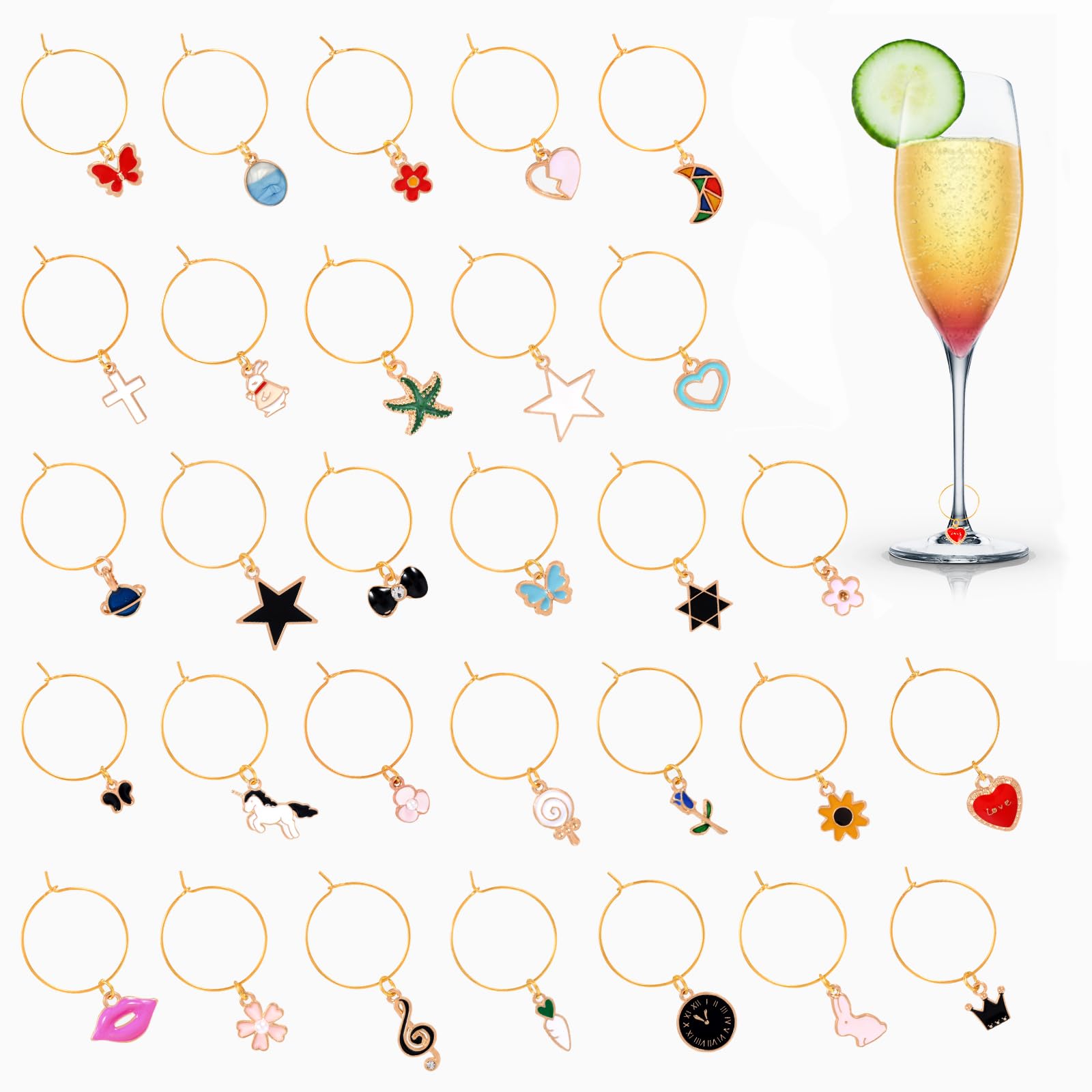 OOTSR 30pcs Wine Glass Charms, Wine Glass Markers for Stem Glasses Cups, Identifier Drink Labels for Wine Tasting Party Decorations