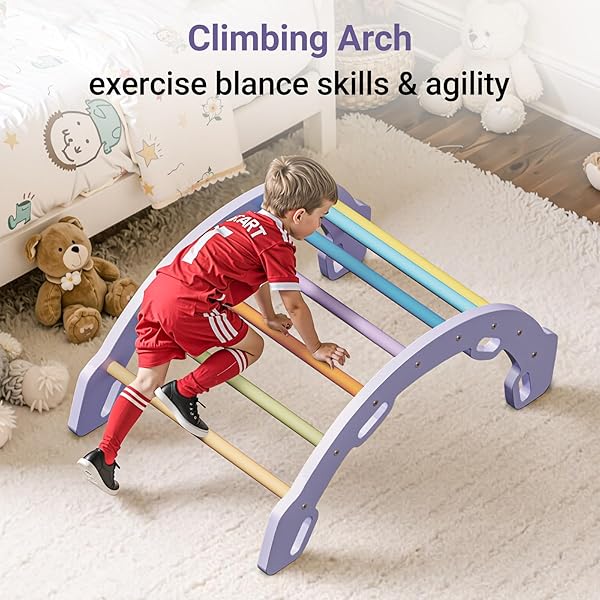 COSYLAND KIDS CLIMBING ARCH ROCKER WITH CUSHION – SOLID WOODEN TODDLER CLIMBING TOYS INDOOR WITH HANDRAILS ON EACH SIDE – INDOOR PLAYGROUND ARCH PIKLER CLIMBING LADDER (PURPLE FRAME, RAINBOW STICKS)