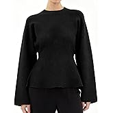 Cazaddi Women's Peplum Hem Sweater Long Sleeve Self Tie Belted Loose Crew Neck Knit Pullover Jumper