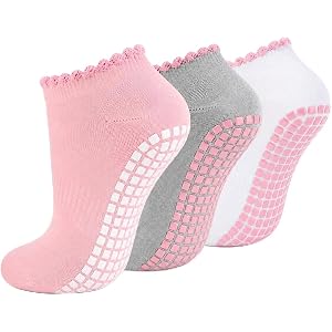 time2go Ruffle Pilates Socks with Grips for Women, 3 Pairs Non Slip Ankle Socks for Yoga Barre Hospital Barefoot Workout