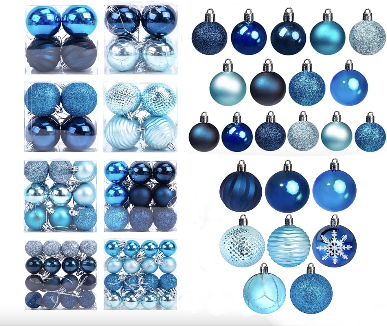 Ornaments - DomeStar 100PCS Christmas Ball Ornament Set, Blue Shatterproof Christmas Tree Balls Assorted Blue Christmas Baubles Glitter Hanging Balls for Xmas Tree Wreath Christmas Home Decor