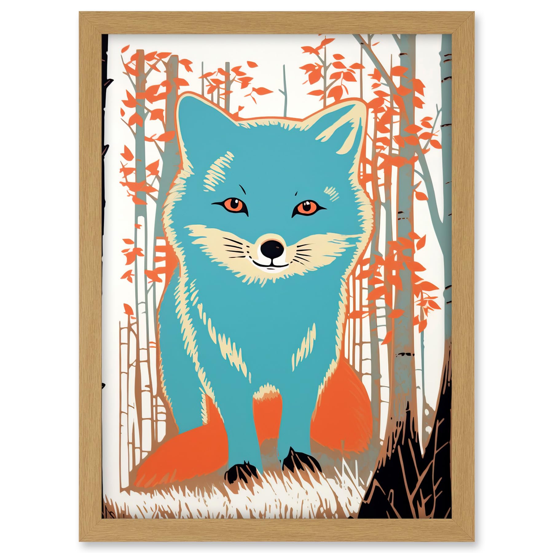 Artery8 Cute Blue Fox Forest Glade Landscape Bright Woodland Baby Animal Kids Bedroom Artwork Framed A3 Wall Art Print