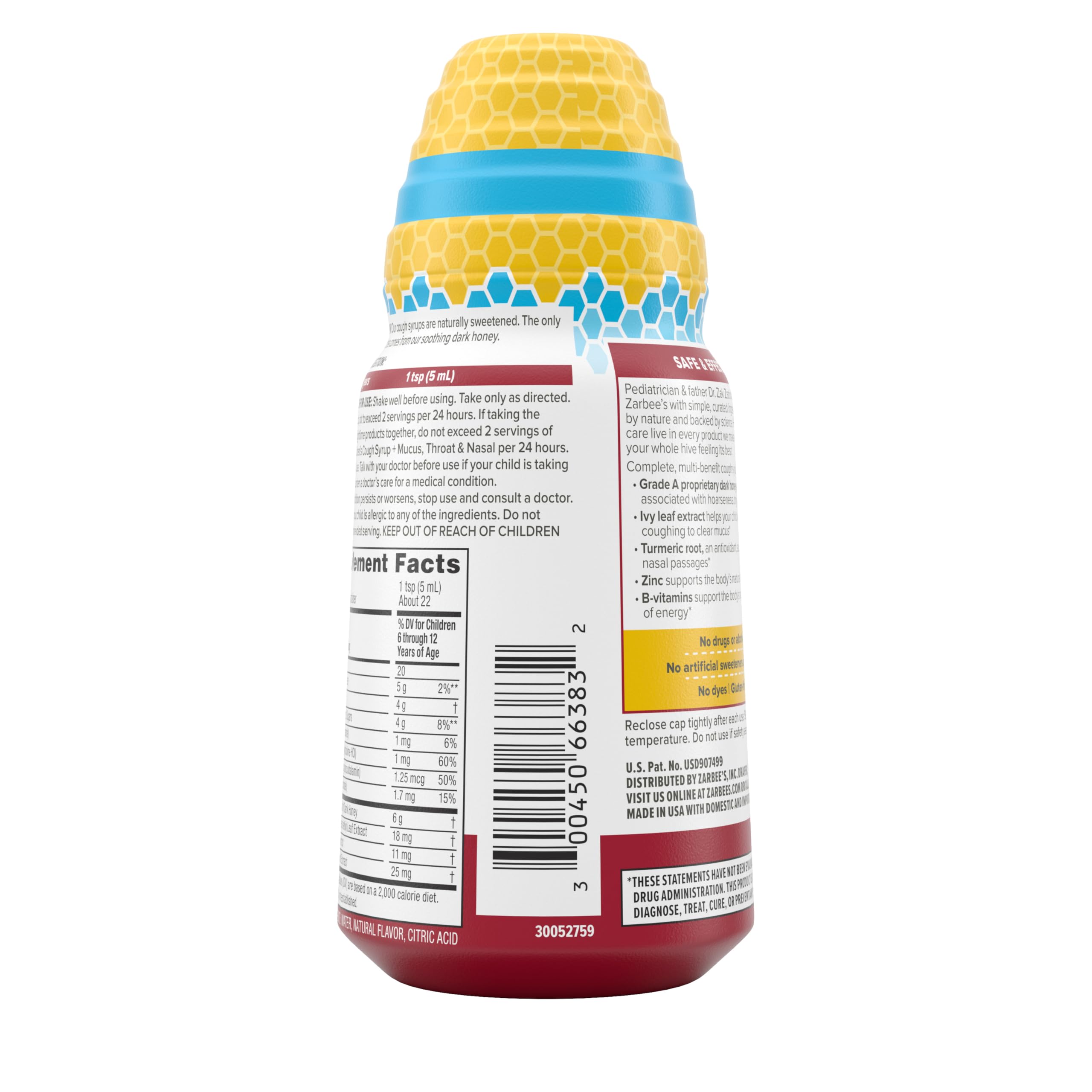 Zarbee's Children's Daytime All-in-One Honey Cough Syrup + Mucus, Throat & Nasal for Kids 6-12 + Dark Honey, Ivy Leaf Extract, Zinc Turmeric Root, & B-Vitamins, Drug-Free, Grape, 4 fl oz