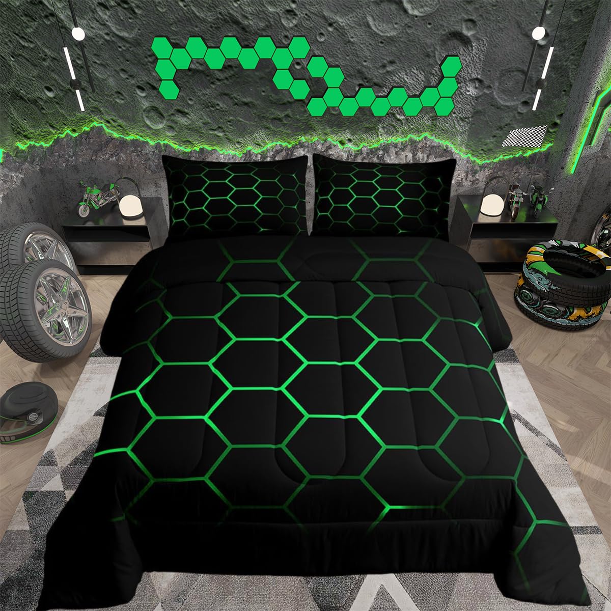Hexagonal Bedding Set 3D Geometric Honeycomb Duvet Insert for Kids Boys Girls Luxury Beehive Hexagon Duvet Insert Neon Green Black 2Pcs Single Size