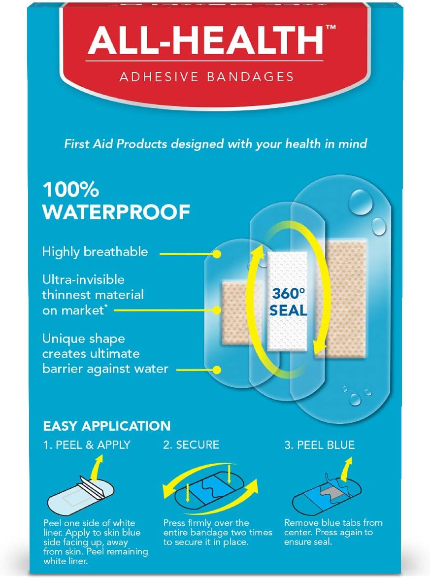 All Health Clear Waterproof Adhesive Bandages, Assorted Sizes Variety Pack, 20 Count | 100% Waterproof First Aid for Minor Cuts & Scrapes: Health & Personal Care