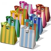 Vitalizart Striped Paper Gift Bags With Ribbon Handles Small Bulk Pack | 10 Assorted Reusable Colors For Gift Wrap Girls Kids Birthday Bridal Shower Party Favors Goodie Candy 5.91"x3.54"x7.28"