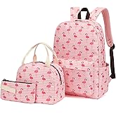 3in1 School Backpacks for Girls, kids Bookbag Set with Lunch Box and Pencil Case Laptop Backpack for Women, Elementary Middle School Bags (Pink Stripe Flamingo)