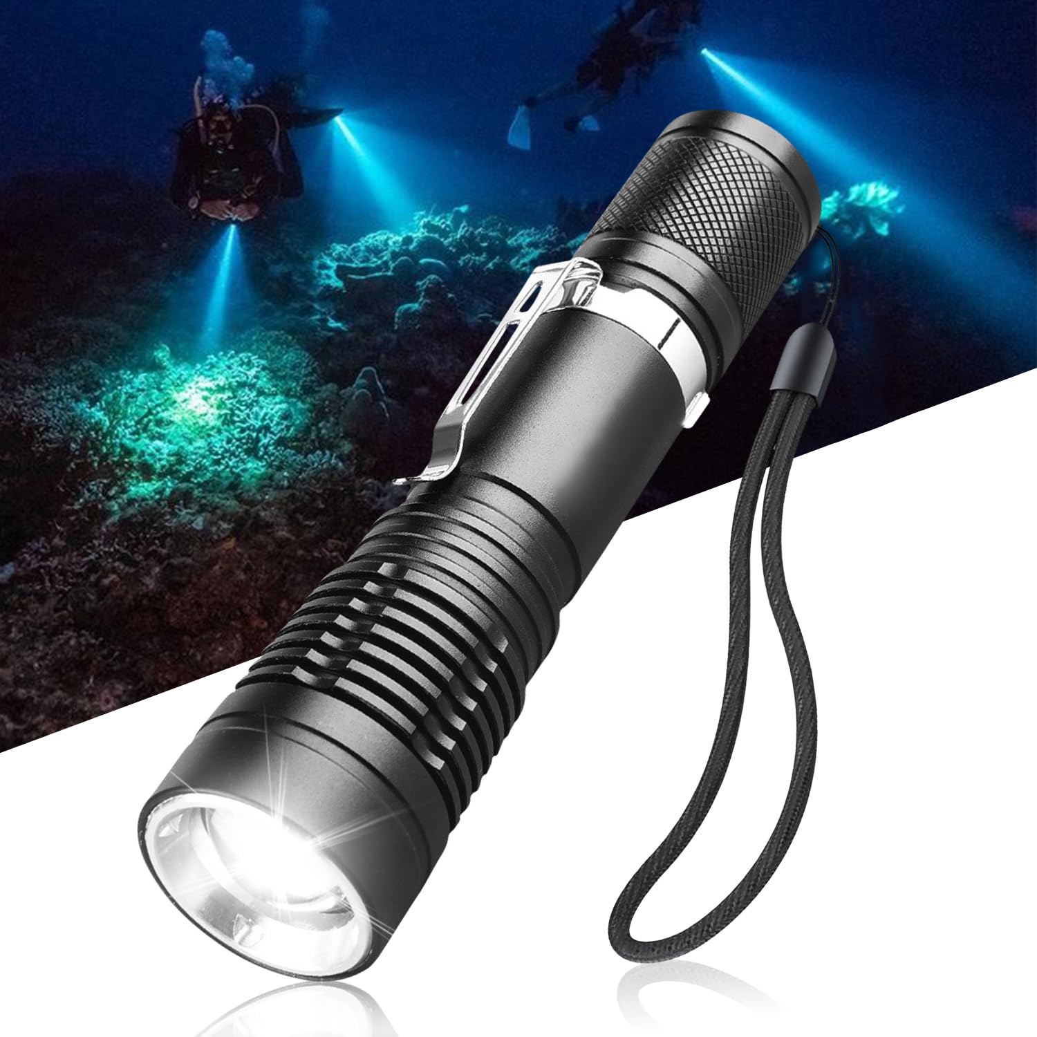 Pocketman Diving Flashlight Waterproof Diving Torch 3 Modes Dive Lights Underwater 40M LED Flashlight for Under Water Deep Sea Cave Night Diving