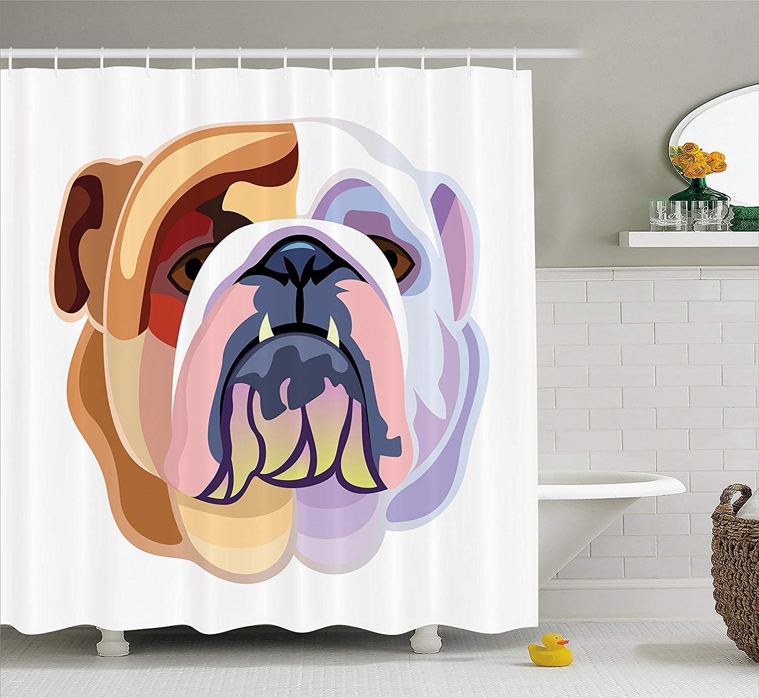 tgyew English Bulldog Shower Curtain, Bicolor Cartoon Style Bulldog Portrait Abstract Animal Design, Cloth Fabric Bathroom Decor Set with Hooks, 60 * 72inch Long, Brown Pale Muave Pink