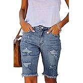 Metietila Women's Ripped Mid-Rise Denim Bermuda Shorts Frayed Raw Hem Stretch Jean Shorts
