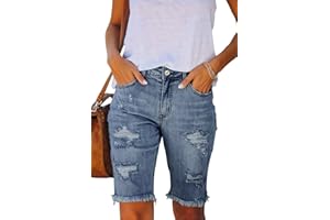 Metietila Women's Casual Mid-Rise Ripped Denim Bermuda Shorts Frayed Raw Hem Stretch Jean Shorts