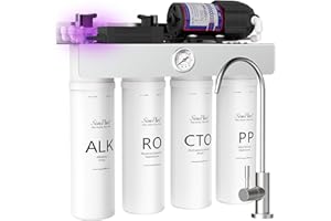 SimPure T1-400ALK Alkaline UV Reverse Osmosis System, NSF/ANSI 58 Certified, Tankless RO Water Filter System 400 GPD, pH+ Remineralization Water Filtration Under Sink, BPA Free, Built-in Pump