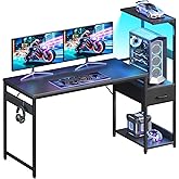 Casaottima 54 Inch Gaming Desk with Storage & LED Lights, Reversible Computer Desk with Display Shelves & Fabric Drawer, Modern Gamer Desk Table with Side Headphone Hook, Carbon Fiber Black