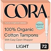 Cora Organic Cotton Tampons (72 Light Tampons) | Comfortable Leak Protection, Expands to Your Shape, Made Without Chlorine, Pesticides, or Rayon, Organic Cotton Feminine Care