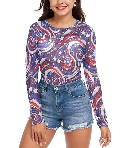 Amazon.com: JULYTO Mesh Top Women Long Sleeve Red White Blue Stars