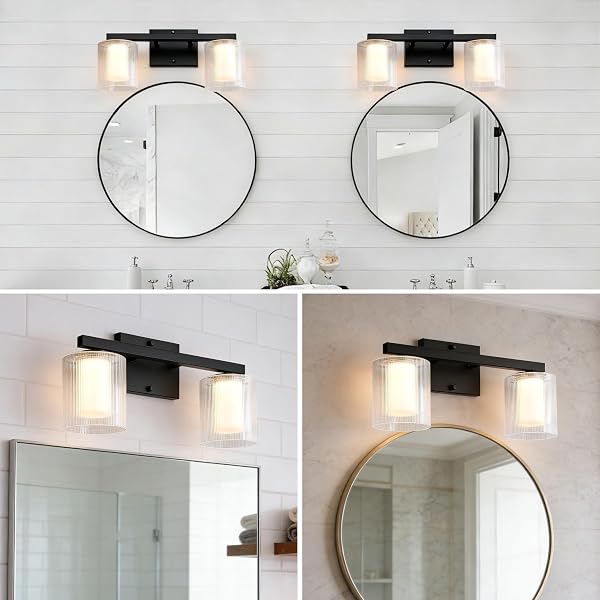 NWAPRH 2-LIGHT BATHROOM VANITY LIGHT, 15.75″ MATTE BLACK LED BATHROOM LIGHT FIXTURE WITH RIBBED GLASS SHADES, 3000K WARM WHITE WALL SCONCE, UP/DOWN MOUNT MODERN LIGHTING FOR MIRROR CABINET