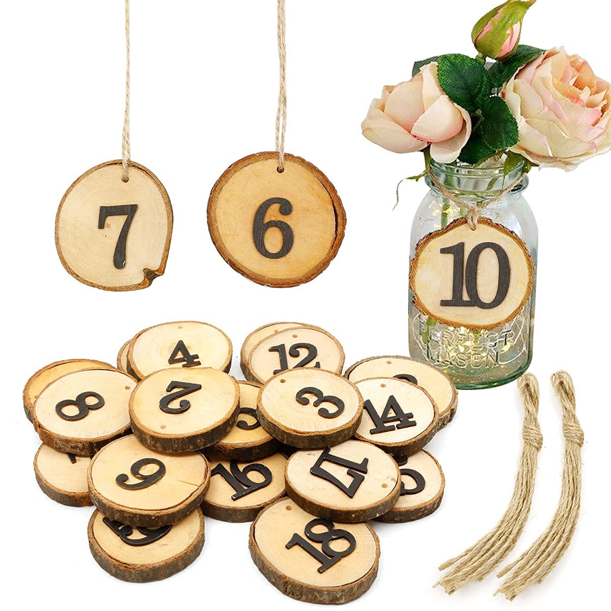 ToPicks Wedding Digital Table Numbers Hanging Wood Slice for Arts Crafts DIY Wedding Decorations (20pcs, 1-20)