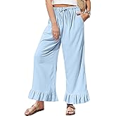 TARSE Women’s Linen Casual Pants Flared Leg Wide Leg Drawstring Ruffle Harem Palazzo Pants with Pockets