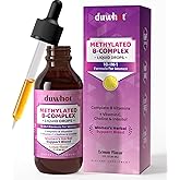 duwhot Methylated B-Complex Liquid Drops for Women, Active B Vitamins B1 B2 B6 B9 (5-MTHF) & B12 1000 mcg, Vitamin C, Magnesium, Inositol, Choline & Herbal Blend for Energy, Stress Support, 2 Fl Oz