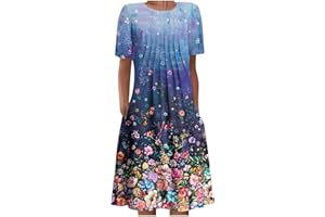 GENERIC 2023 Floral Printed Casual Dress for Women Summer Crewneck Short Sleeve Swing Pleated Midi Dress Beach Party Sundress