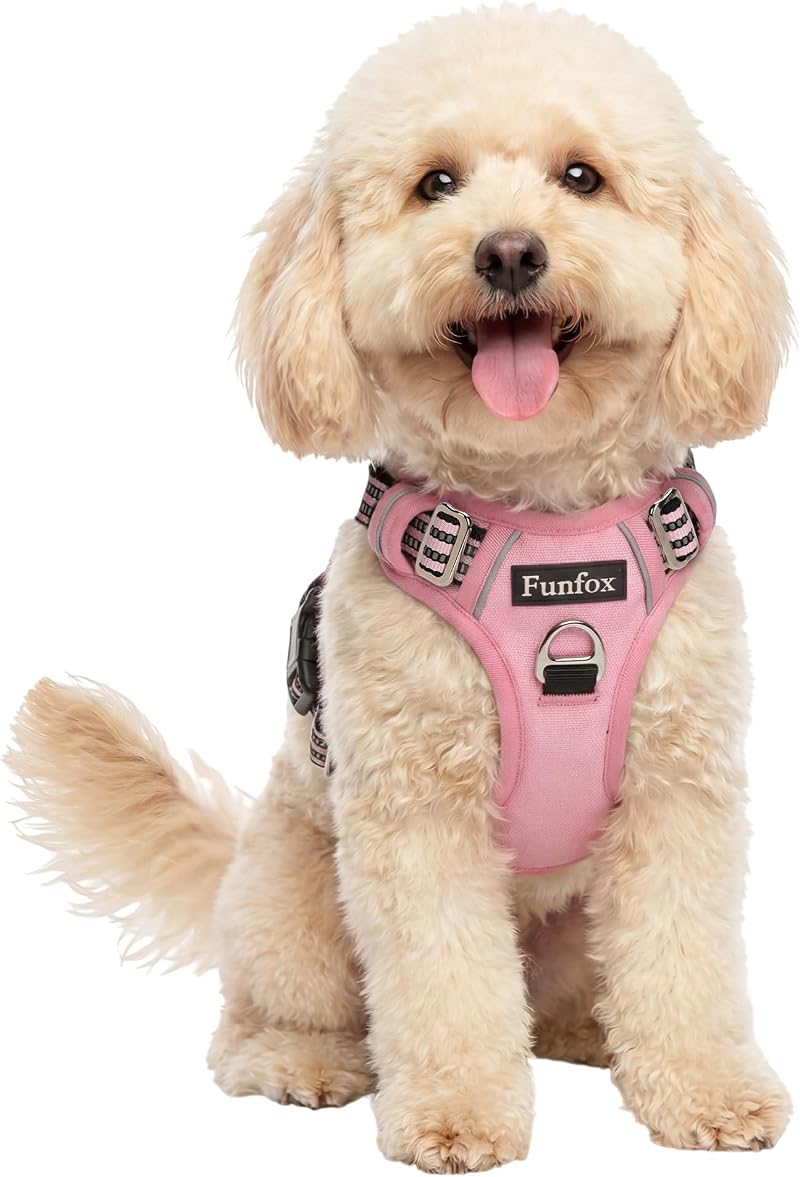 Funfox Dog Harness Small No Pull with Vertical Handle Reflective Strips Pink S