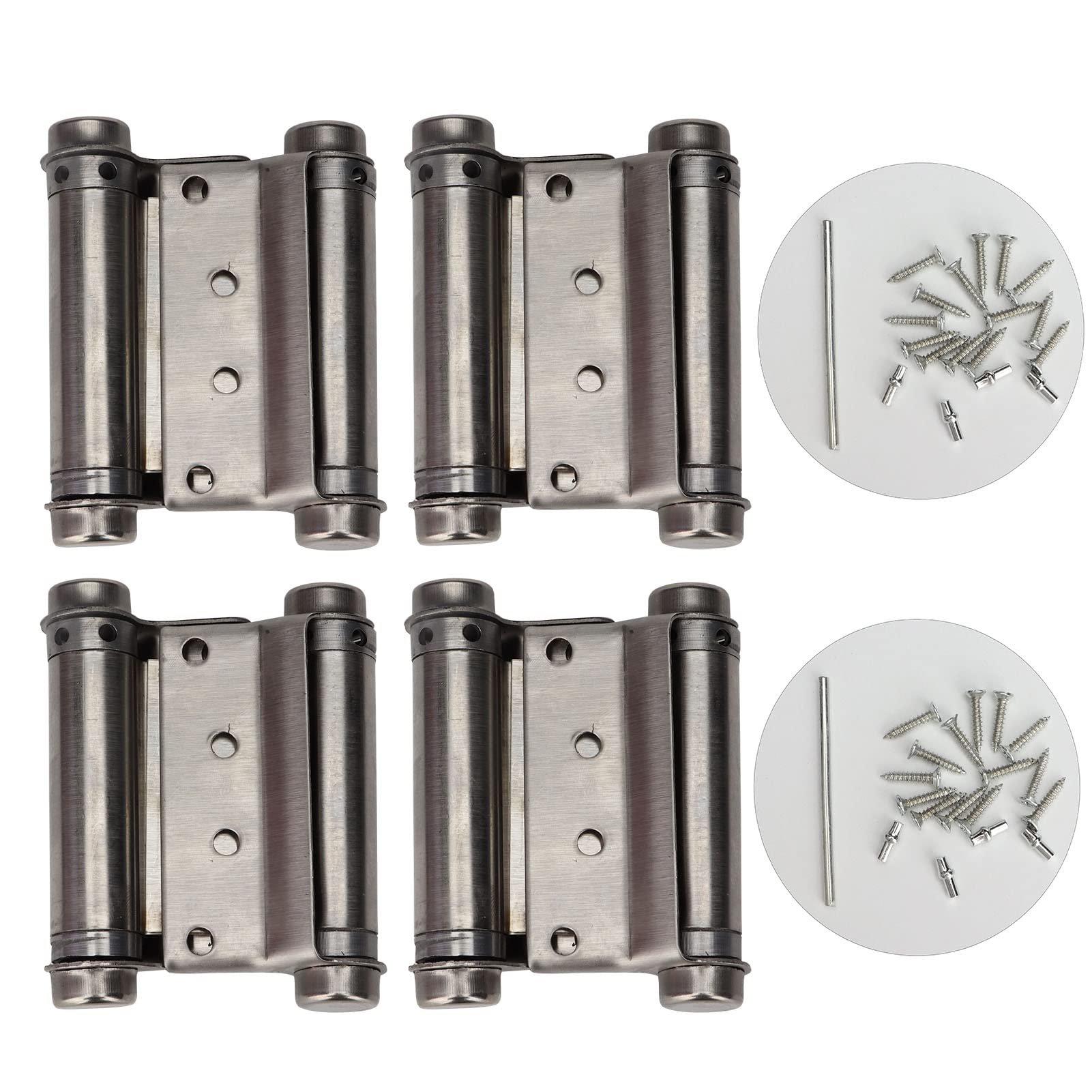 LGEGE 4Pcs 3 inch Double Action Spring Hinge Set for Cafe Swing Door Cowboy Self Closing Door Slivery Stainless Steel Auto Close Door Hinges with Screws, Pins and Rod for Installation
