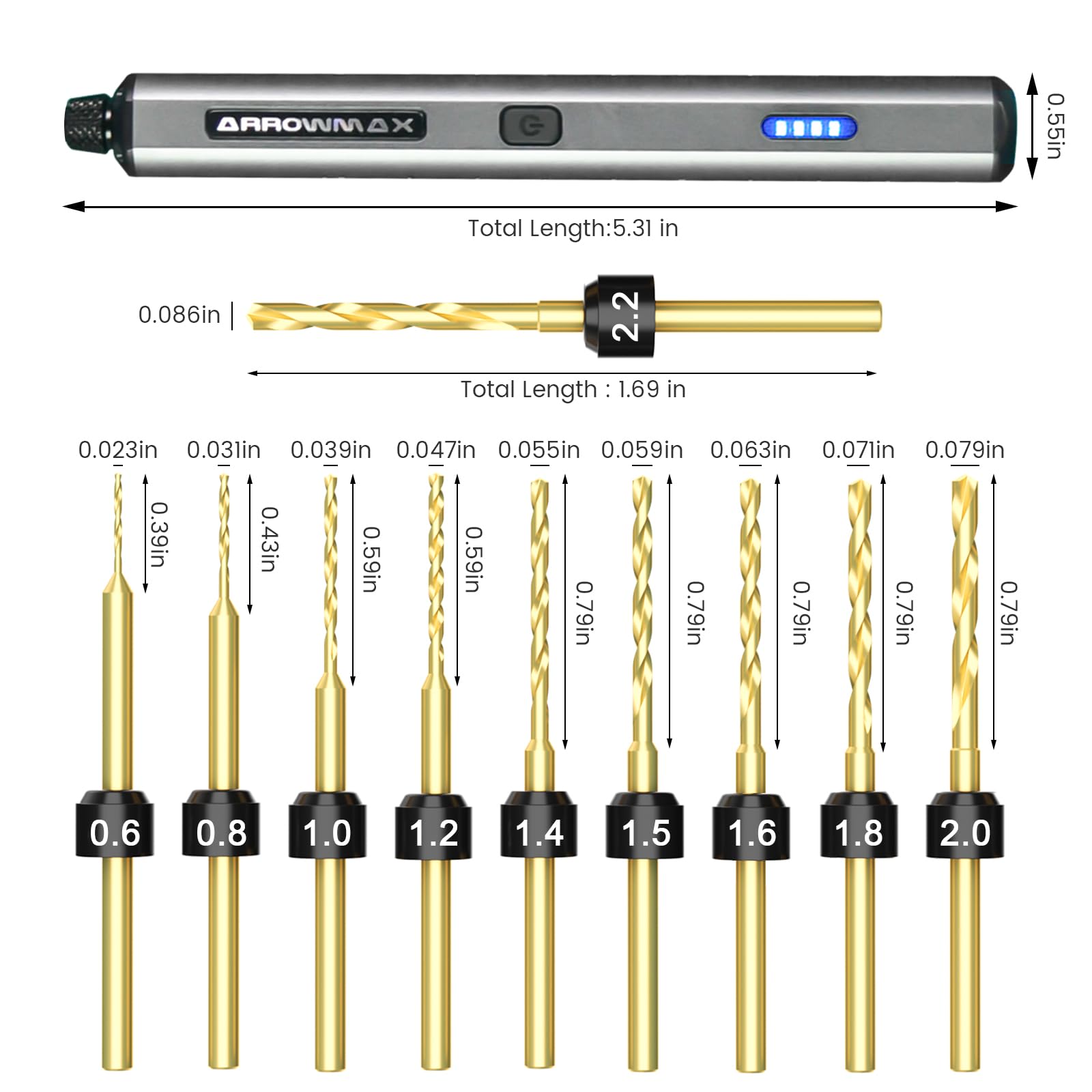 AM ARROWMAX Mini Electric Drill Pen, 13 in 1 with Aluminium case, Rechargeable, 800 RPM, Needle Vise Hand Drill Kit, 10 HSS Bits, DIY, Wood, Jewelry Making (SDS MINI)